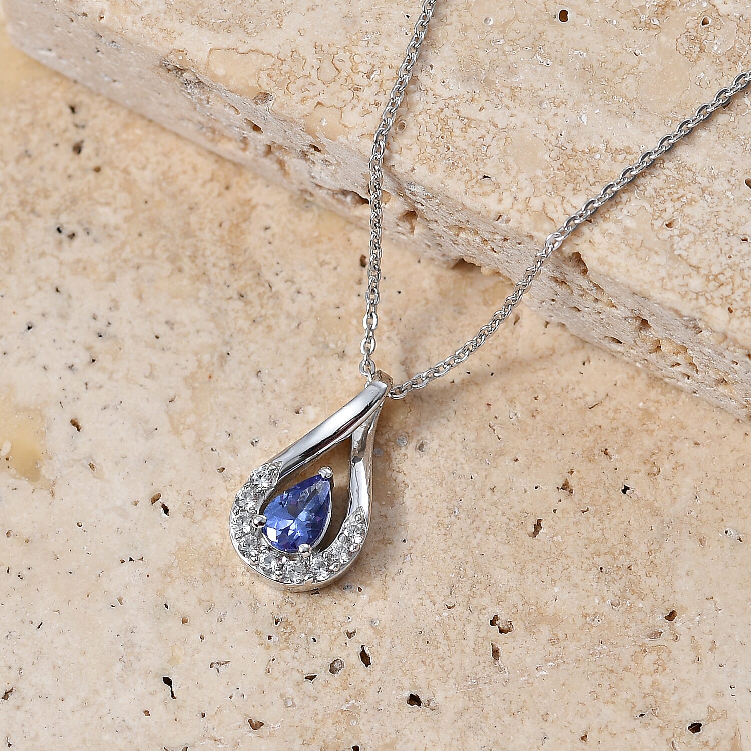 D'Joy - Tanzanite & White Zircon Pear Cut Solitaire Pendant with Chain (Size 20) in Platinum Overlay Sterling Silver