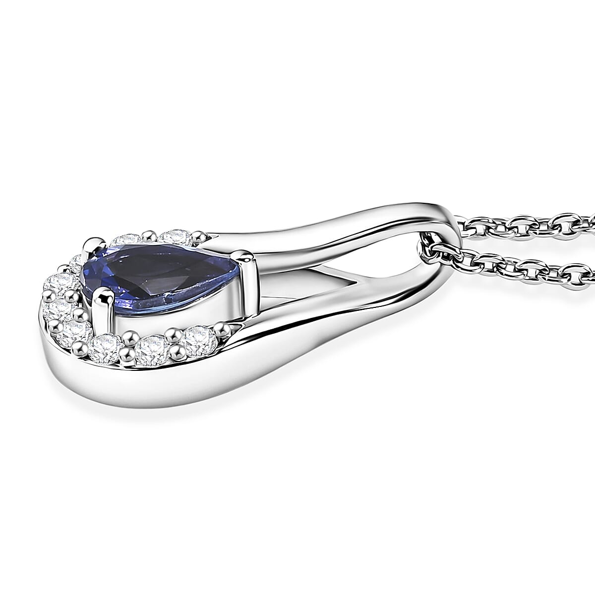 D'Joy - Tanzanite & White Zircon Pear Cut Solitaire Pendant with Chain (Size 20) in Platinum Overlay Sterling Silver