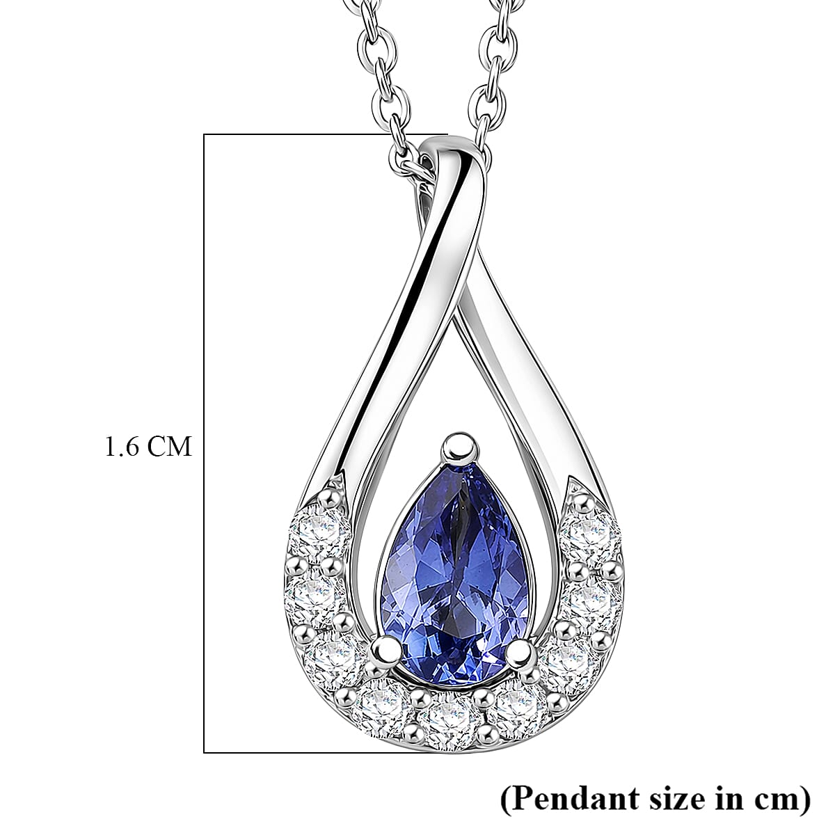 D'Joy - Tanzanite & White Zircon Pear Cut Solitaire Pendant with Chain (Size 20) in Platinum Overlay Sterling Silver
