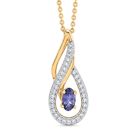 D'Joy - Tanzanite & White Zircon Solitaire Pendant with Chain (Size 20) in Yellow Gold Plated Sterling Silver