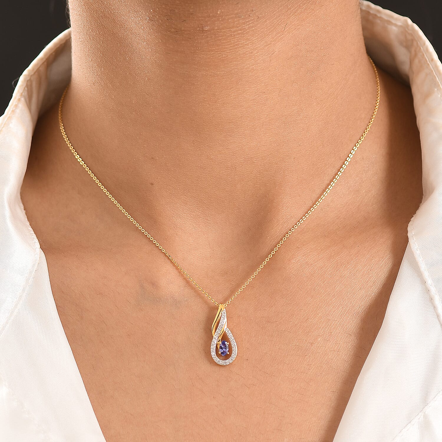 D'Joy - Tanzanite & White Zircon Solitaire Pendant with Chain (Size 20) in Yellow Gold Plated Sterling Silver