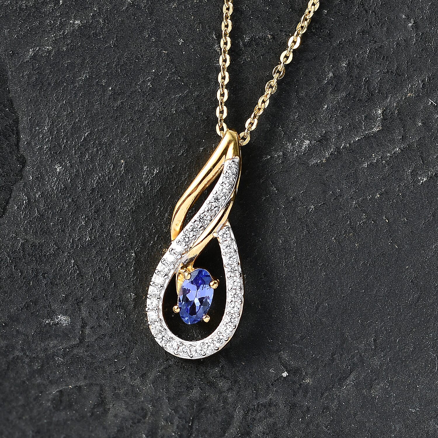 D'Joy - Tanzanite & White Zircon Solitaire Pendant with Chain (Size 20) in Yellow Gold Plated Sterling Silver