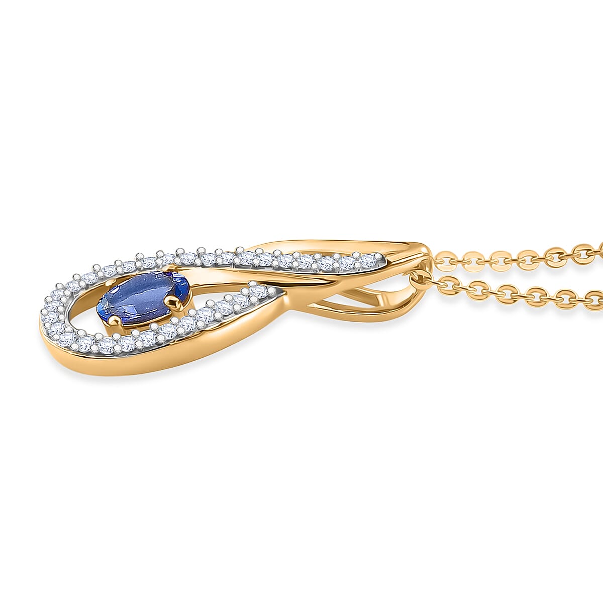 D'Joy - Tanzanite & White Zircon Solitaire Pendant with Chain (Size 20) in Yellow Gold Plated Sterling Silver