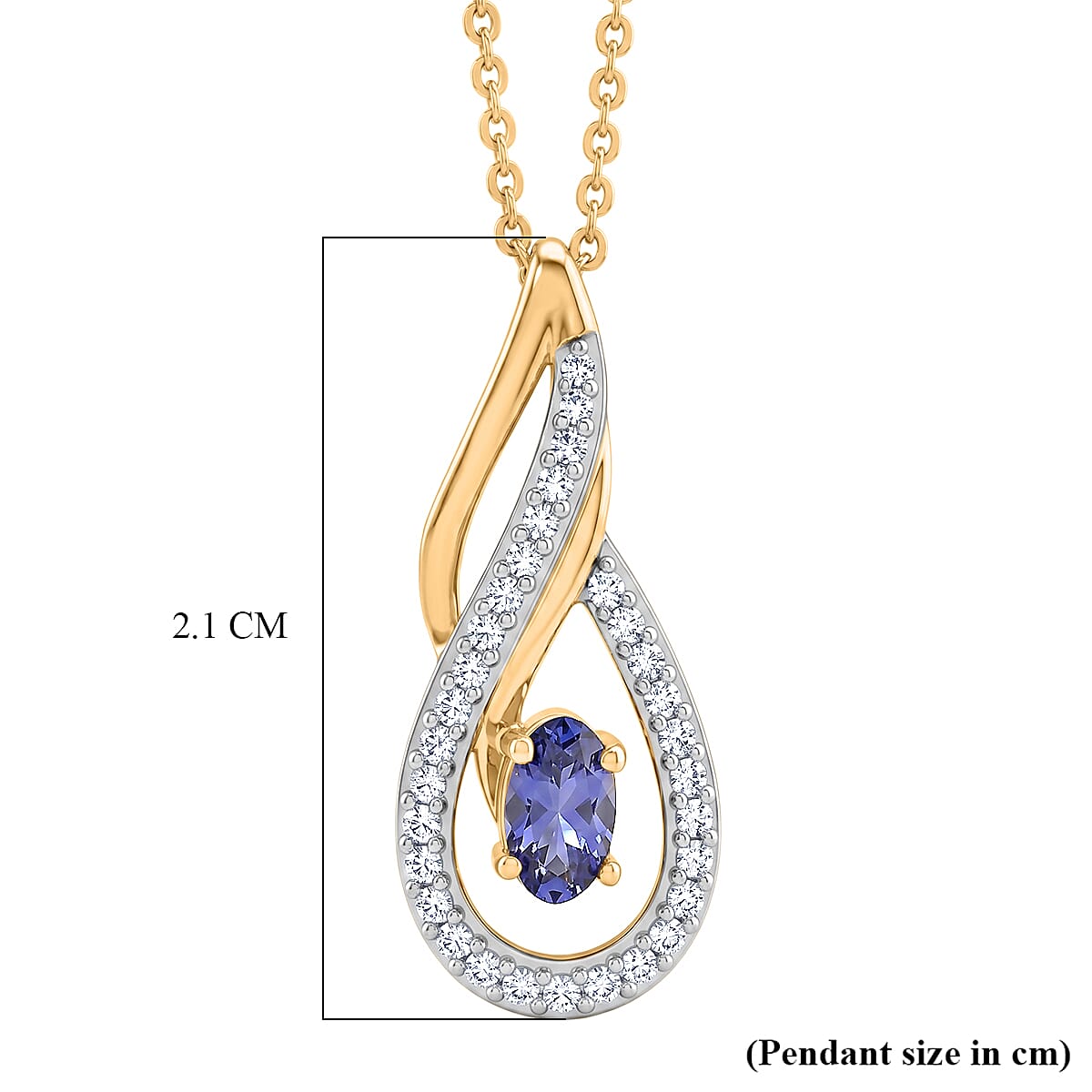 D'Joy - Tanzanite & White Zircon Solitaire Pendant with Chain (Size 20) in Yellow Gold Plated Sterling Silver