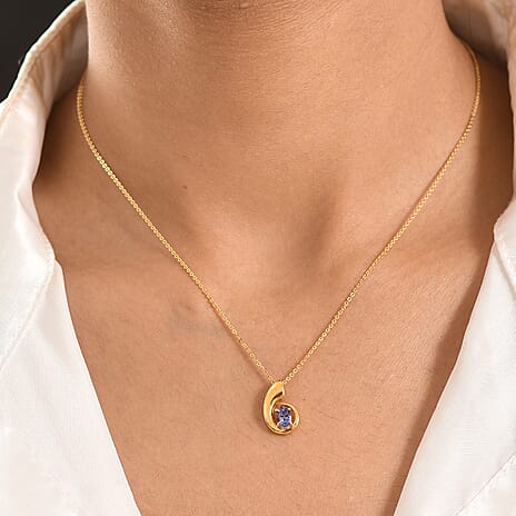 D'Joy - Tanzanite Solitaire Curved Pendant with Chain (Size 20) in Yellow Gold Plated Sterling Silver