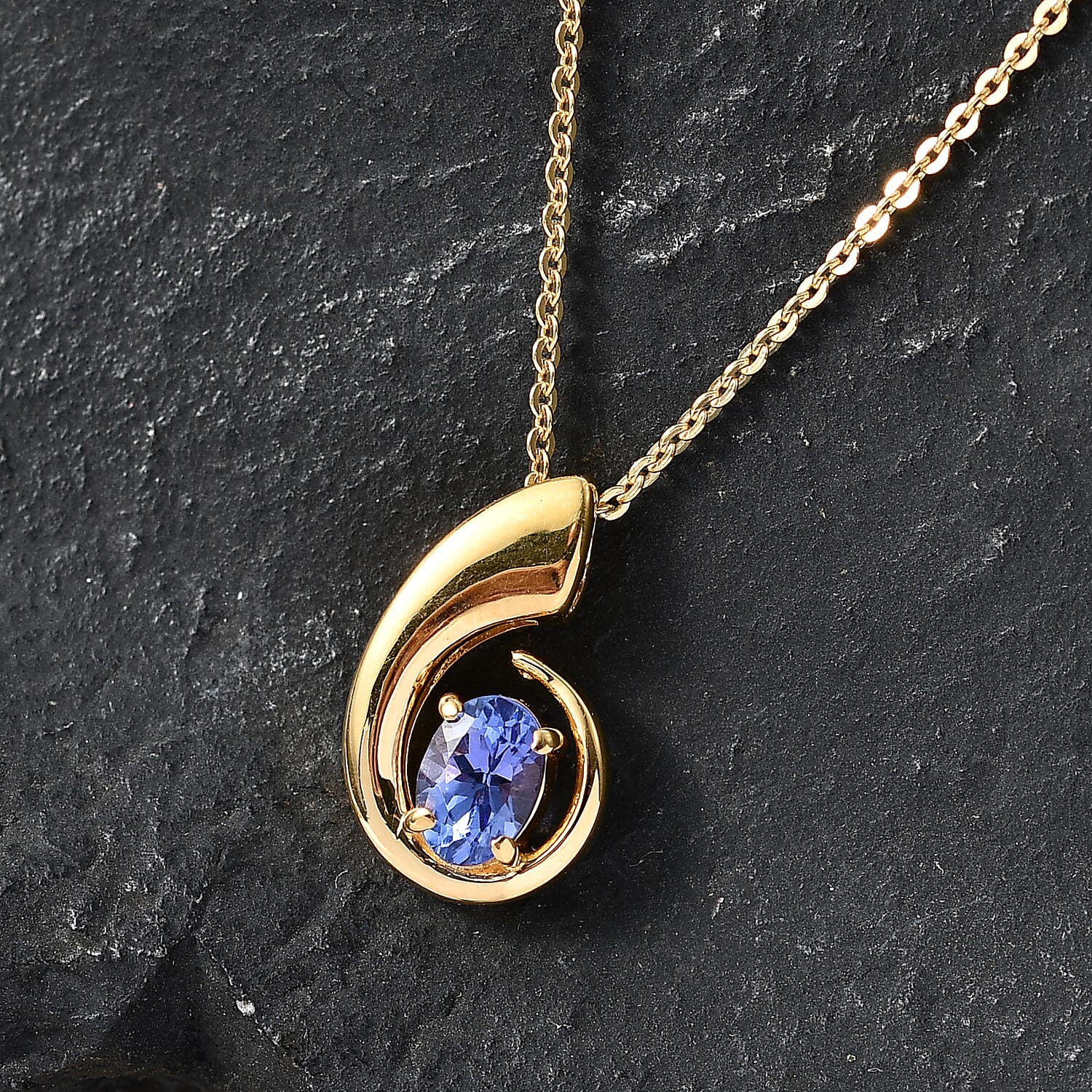 D'Joy - Tanzanite Solitaire Curved Pendant with Chain (Size 20) in Yellow Gold Plated Sterling Silver