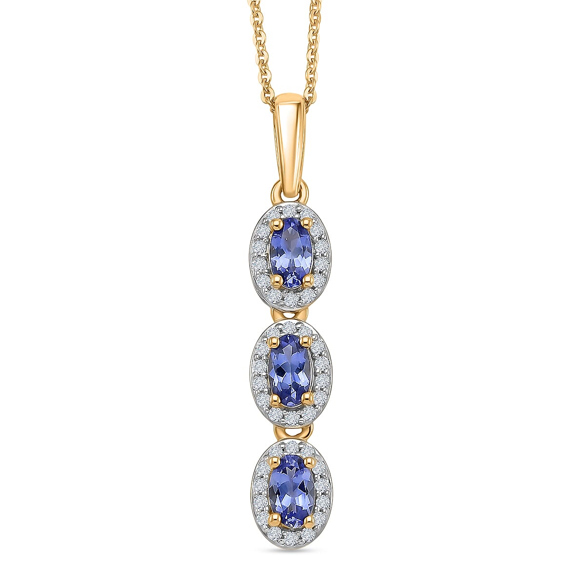 D'Joy - Tanzanite & White Zircon Drop Pendant with Chain (Size 20) in Yellow Gold Plated Sterling Silver 1.00 Ct.
