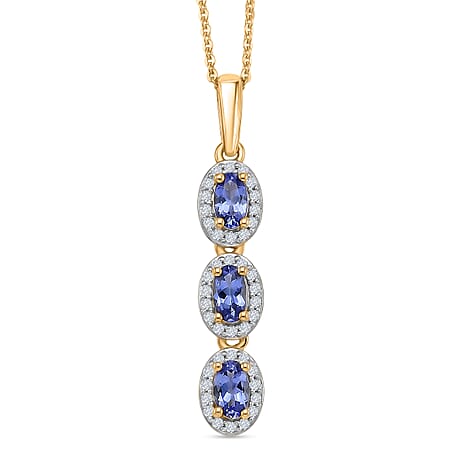 D'Joy - Tanzanite & White Zircon Drop Pendant with Chain (Size 20) in Yellow Gold Plated Sterling Silver 1.00 Ct.