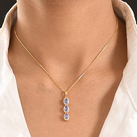 D'Joy - Tanzanite & White Zircon Drop Pendant with Chain (Size 20) in Yellow Gold Plated Sterling Silver 1.00 Ct.