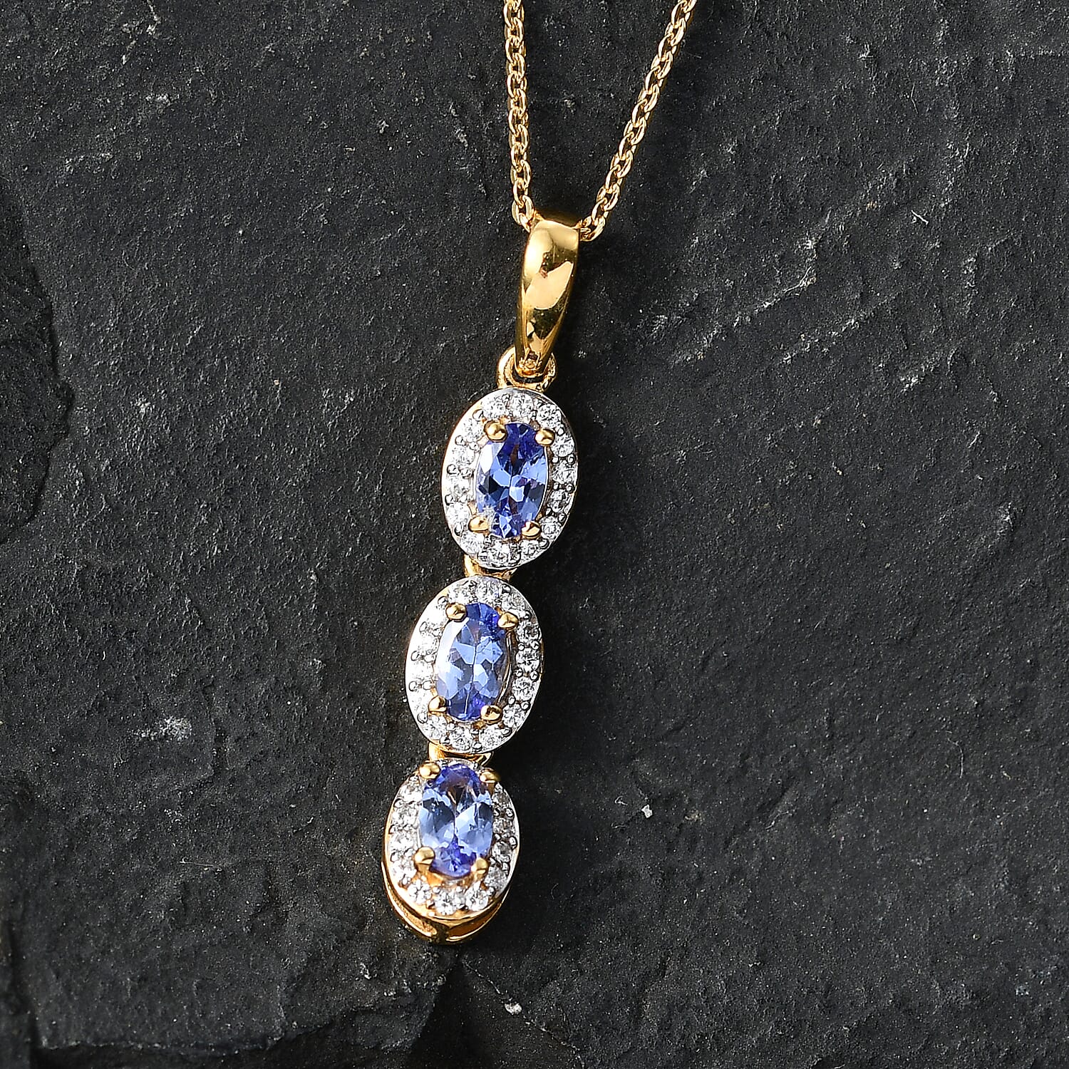 D'Joy - Tanzanite & White Zircon Drop Pendant with Chain (Size 20) in Yellow Gold Plated Sterling Silver 1.00 Ct.