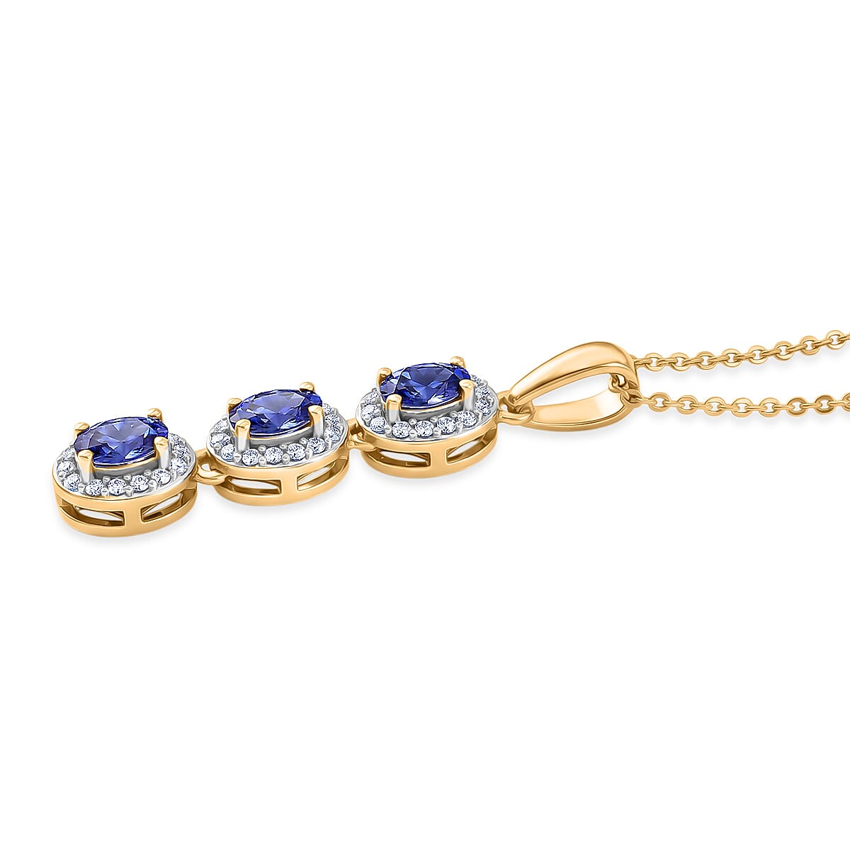 D'Joy - Tanzanite & White Zircon Drop Pendant with Chain (Size 20) in Yellow Gold Plated Sterling Silver 1.00 Ct.