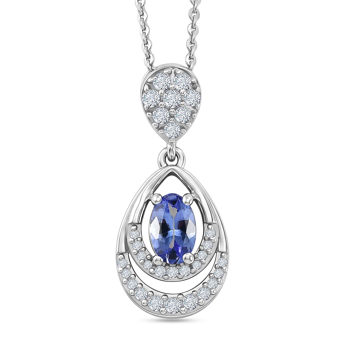 D'joy - Tanzanite & White Zircon Teardrop Solitaire Pendant with Chain (Size 20) in Rhodium Overlay Sterling Silver