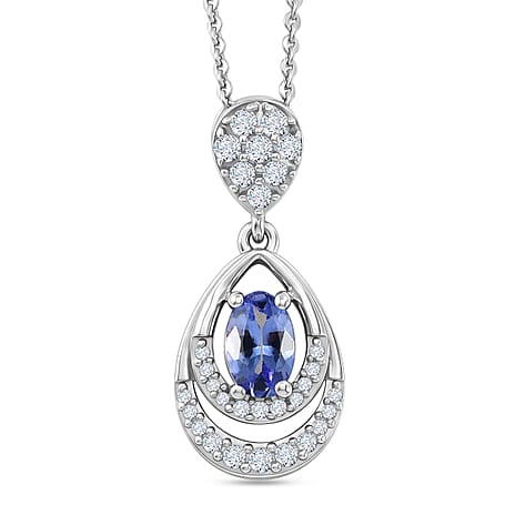 D'joy - Tanzanite & White Zircon Teardrop Solitaire Pendant with Chain (Size 20) in Rhodium Overlay Sterling Silver