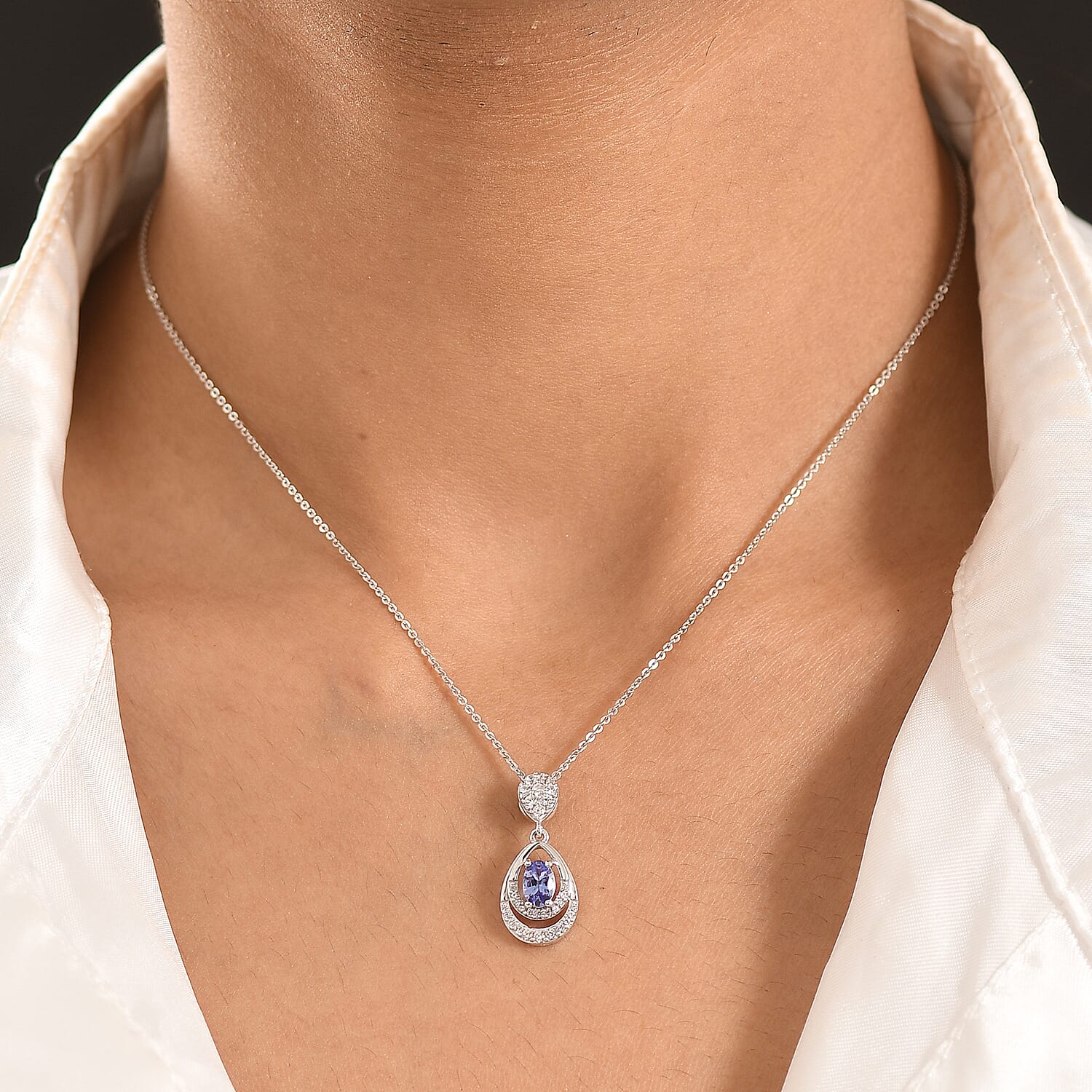 D'joy - Tanzanite & White Zircon Teardrop Solitaire Pendant with Chain (Size 20) in Rhodium Overlay Sterling Silver