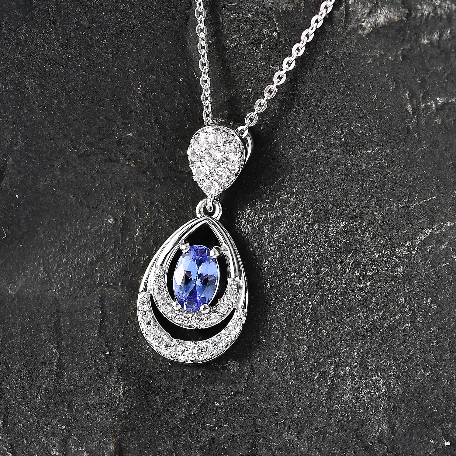 D'joy - Tanzanite & White Zircon Teardrop Solitaire Pendant with Chain (Size 20) in Rhodium Overlay Sterling Silver