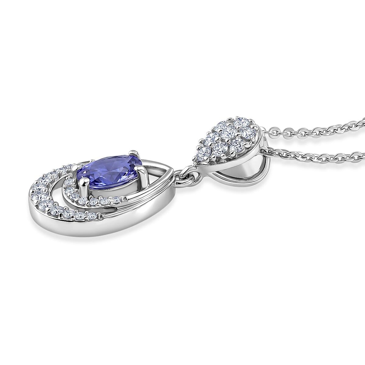 D'joy - Tanzanite & White Zircon Teardrop Solitaire Pendant with Chain (Size 20) in Rhodium Overlay Sterling Silver
