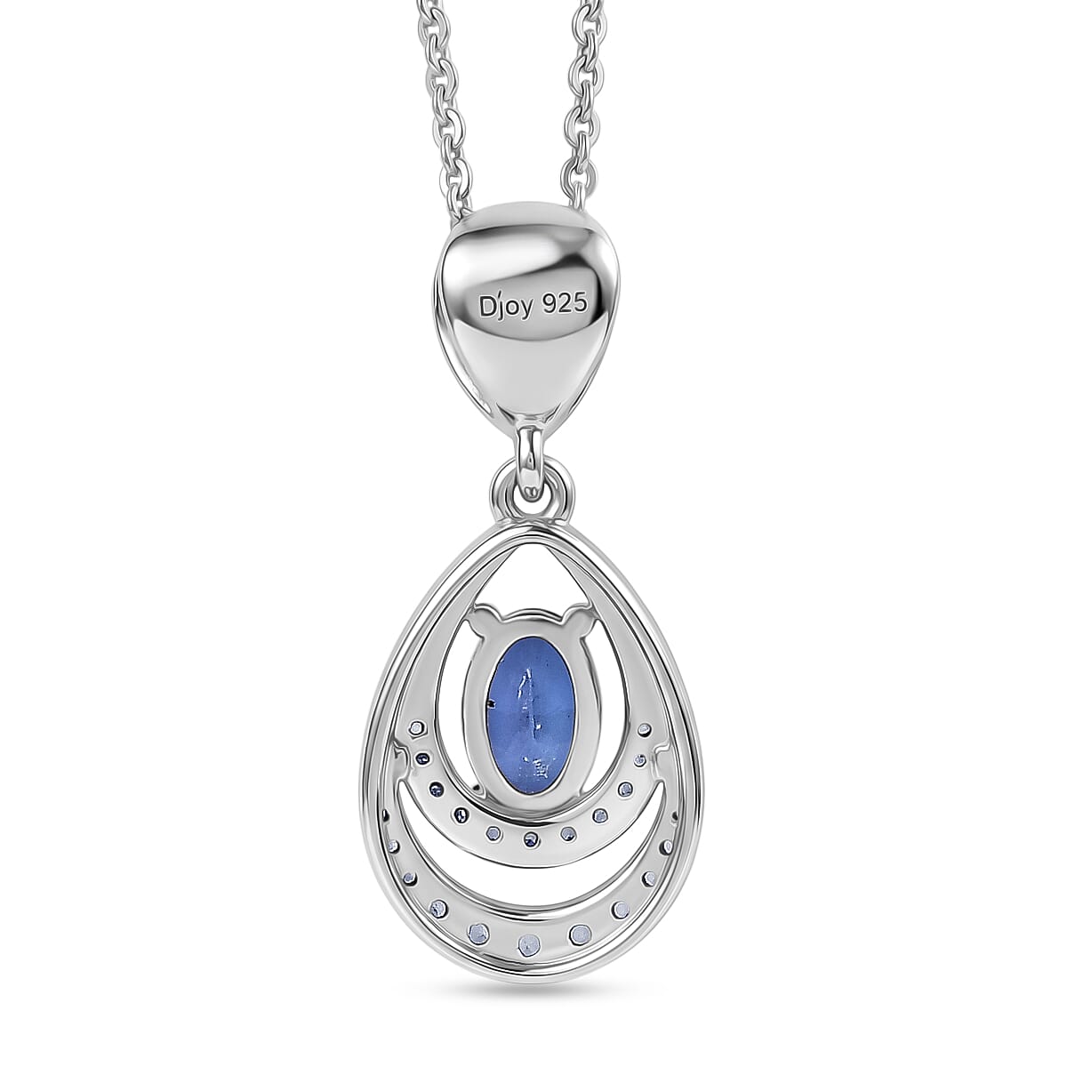 D'joy - Tanzanite & White Zircon Teardrop Solitaire Pendant with Chain (Size 20) in Rhodium Overlay Sterling Silver