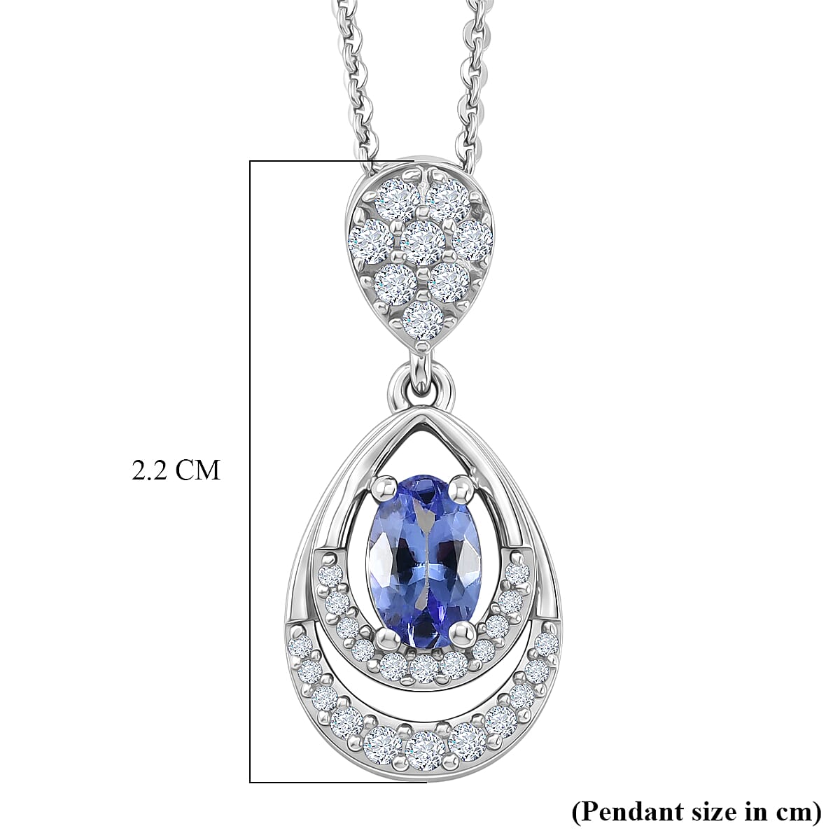 D'joy - Tanzanite & White Zircon Teardrop Solitaire Pendant with Chain (Size 20) in Rhodium Overlay Sterling Silver