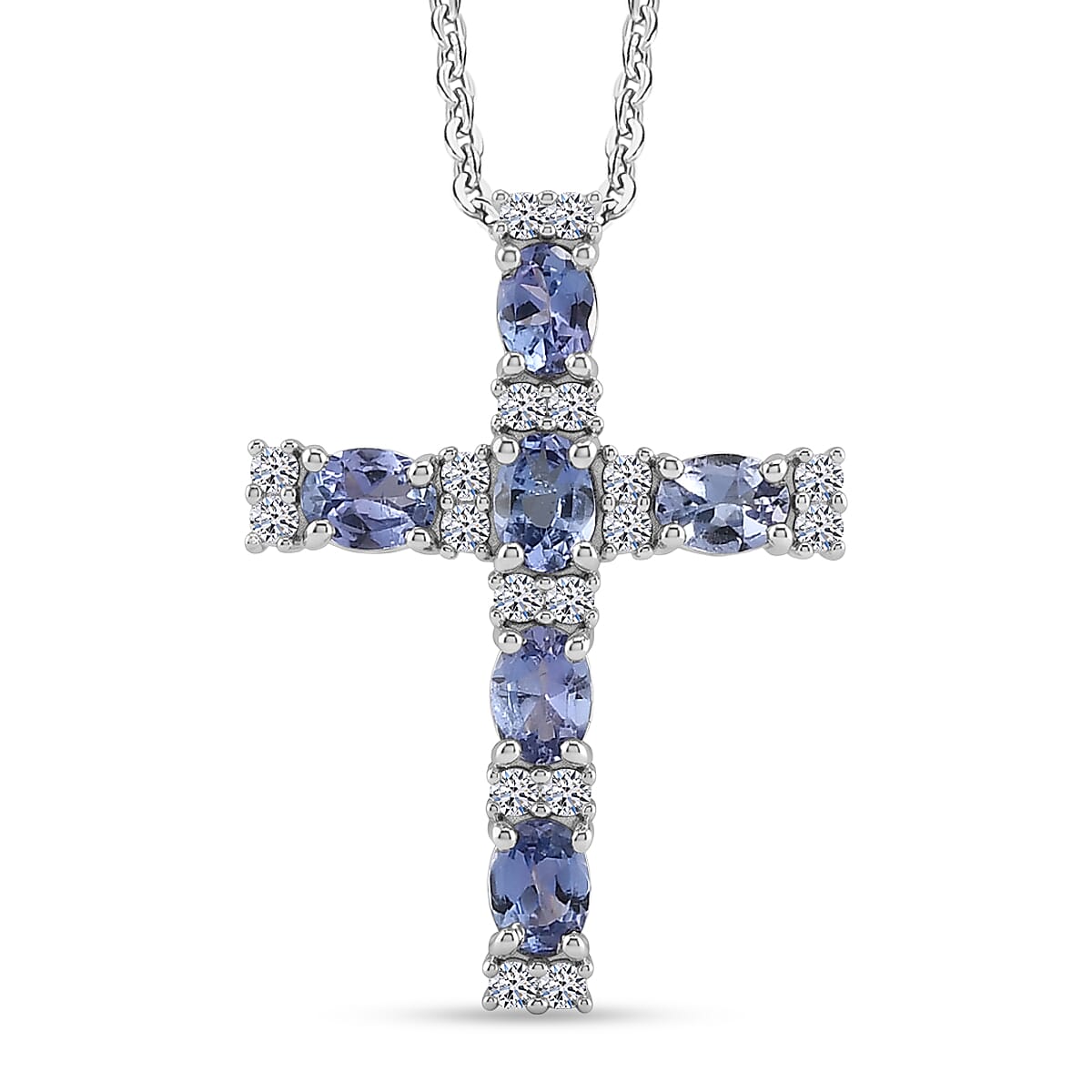 Luxuriant - Tanzanite & Lab Grown Diamond (SI-G-H) Cross Pendant with Chain (Size 20) in Rhodium Overlay Sterling Silver 1.25 Ct.
