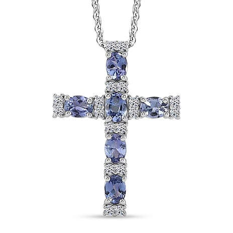 Luxuriant - Tanzanite & Lab Grown Diamond (SI-G-H) Cross Pendant with Chain (Size 20) in Rhodium Overlay Sterling Silver 1.25 Ct.