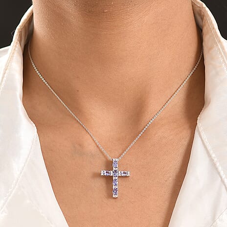 Luxuriant - Tanzanite & Lab Grown Diamond (SI-G-H) Cross Pendant with Chain (Size 20) in Rhodium Overlay Sterling Silver 1.25 Ct.