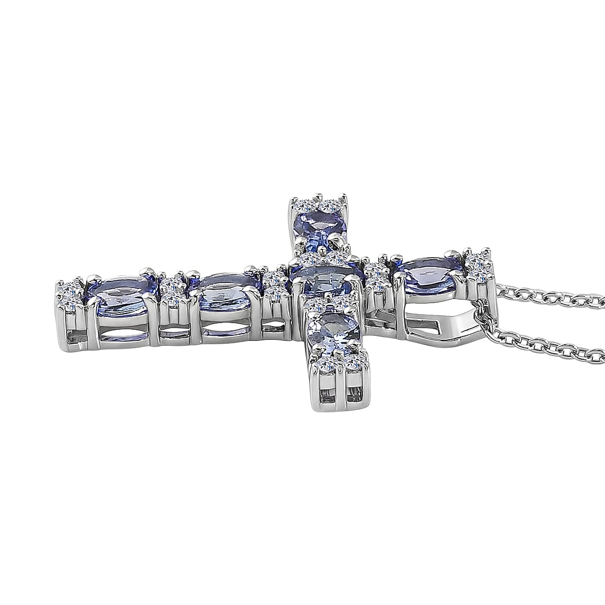 Luxuriant - Tanzanite & Lab Grown Diamond (SI-G-H) Cross Pendant with Chain (Size 20) in Rhodium Overlay Sterling Silver 1.25 Ct.