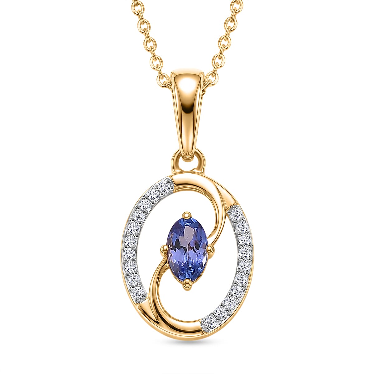 D'Joy - Tanzanite & White Zircon Pendant with Chain (Size 20) in Yellow Gold Plated Sterling Silver
