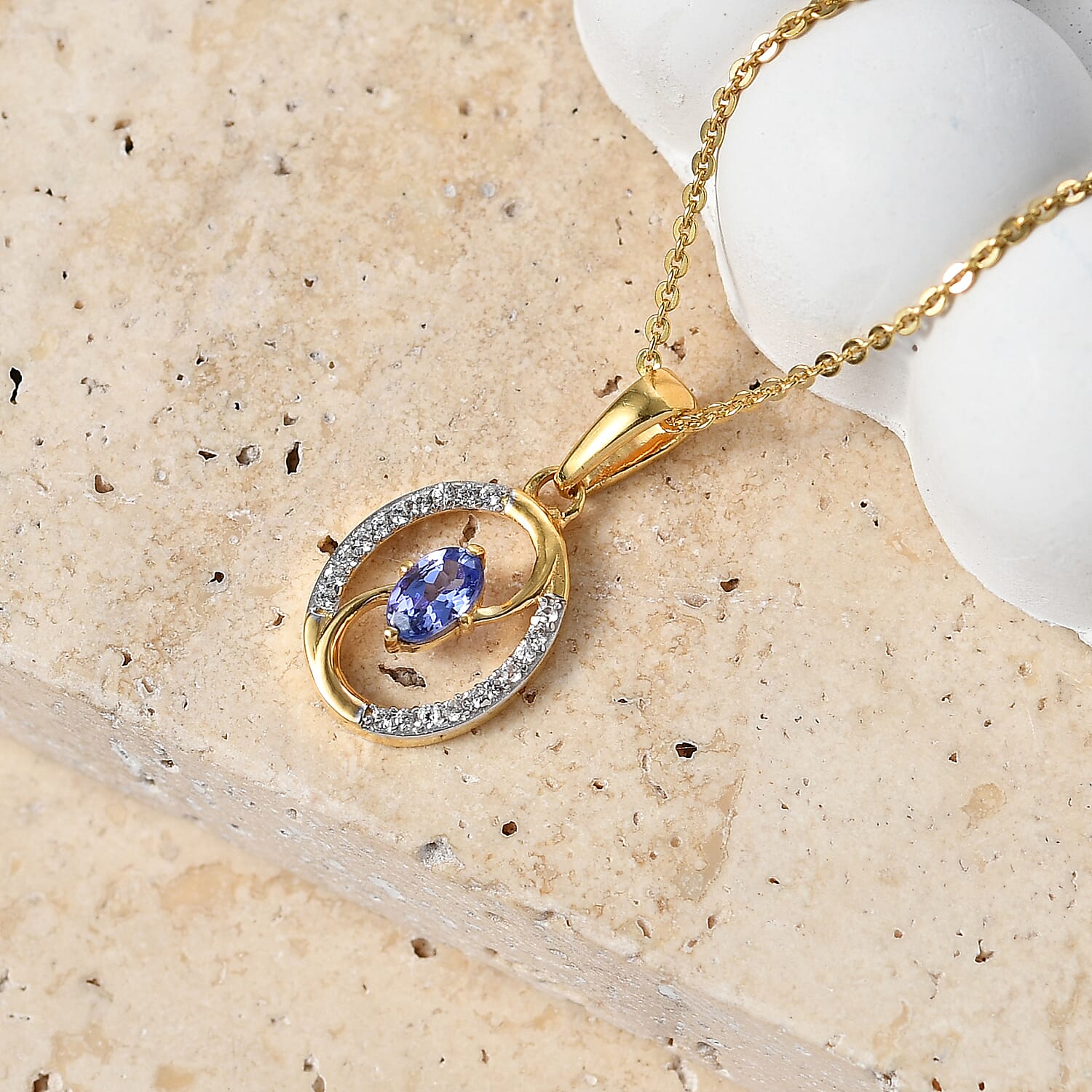 D'Joy - Tanzanite & White Zircon Pendant with Chain (Size 20) in Yellow Gold Plated Sterling Silver