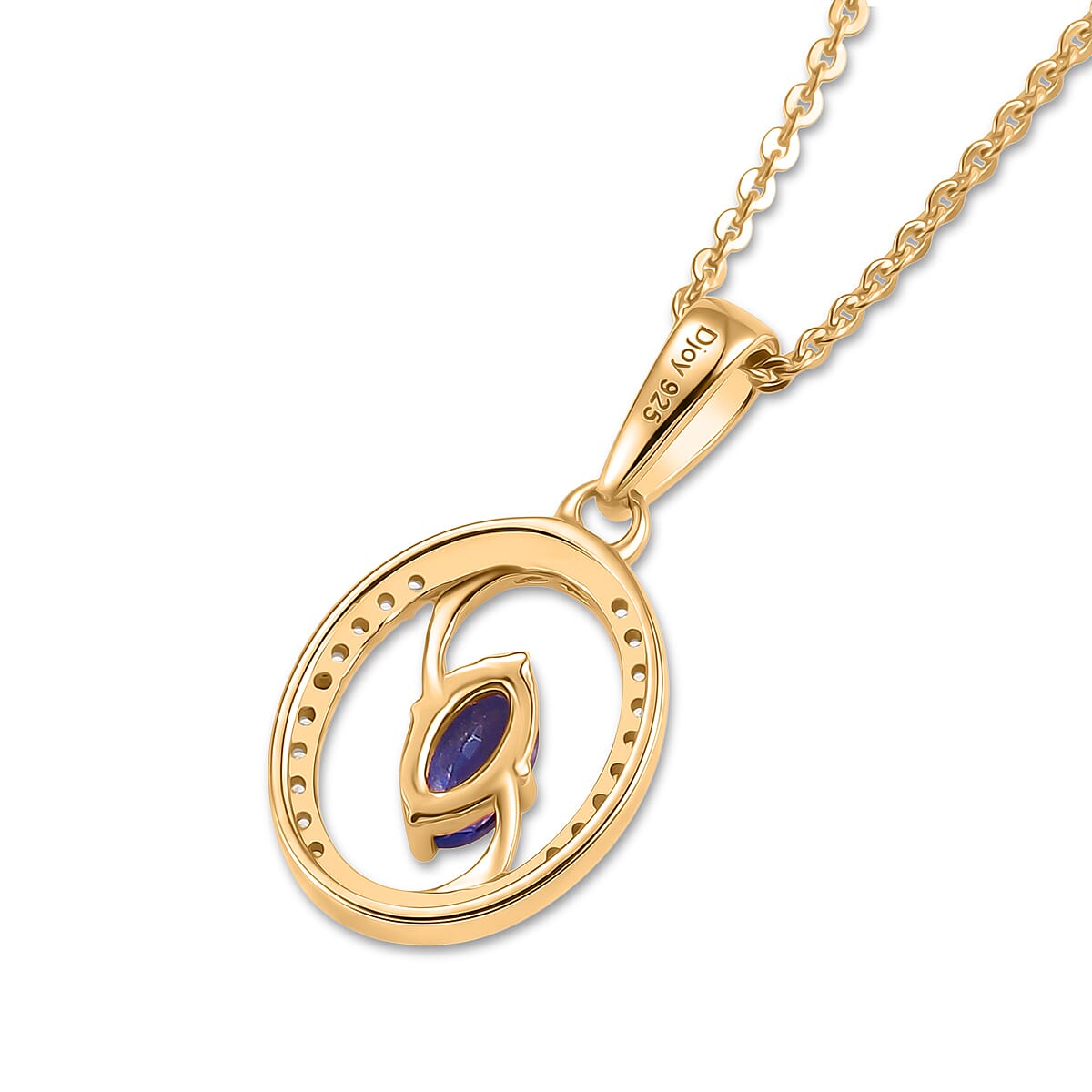 D'Joy - Tanzanite & White Zircon Pendant with Chain (Size 20) in Yellow Gold Plated Sterling Silver