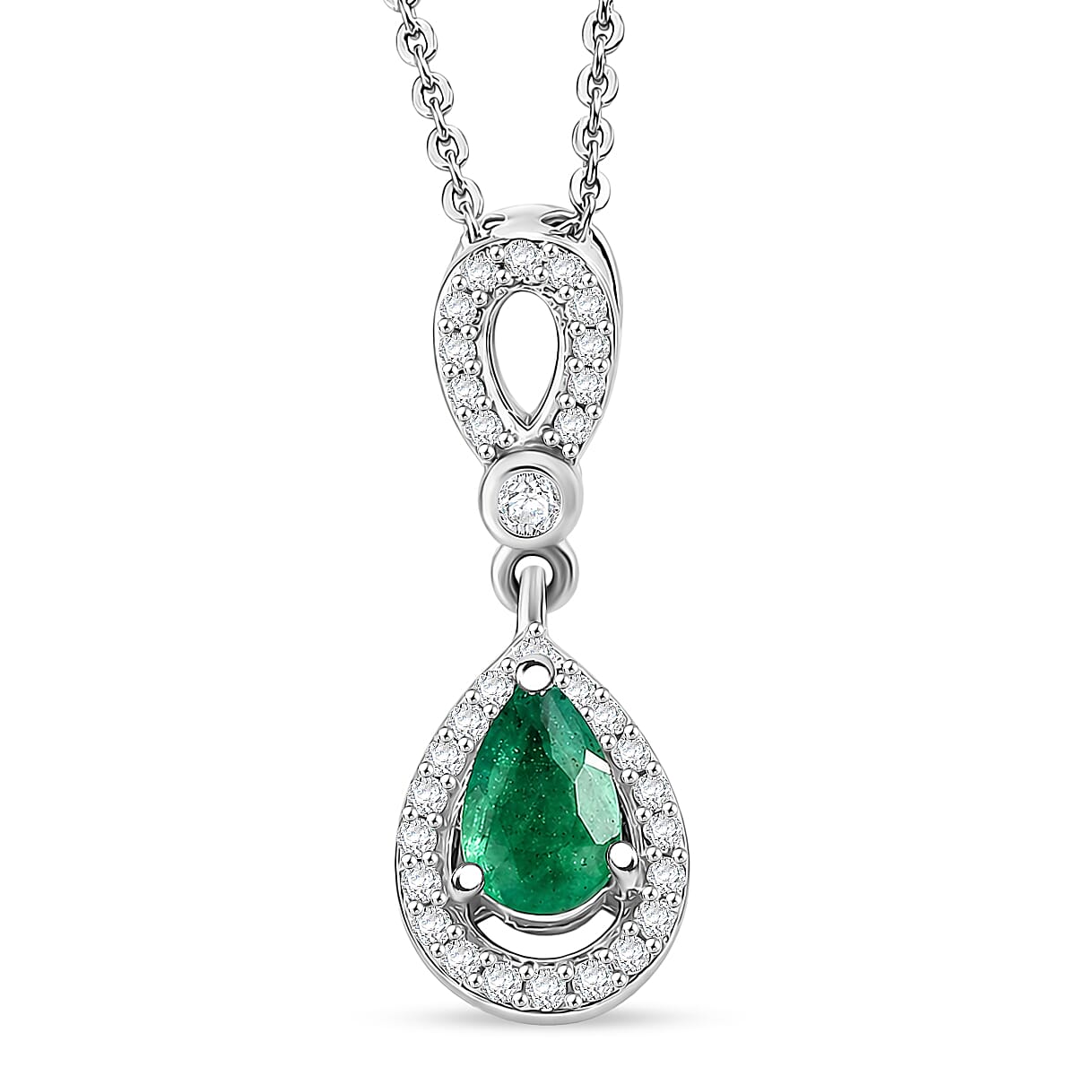 D'Joy - AAA Zambian Emerald & White Zircon Pendant with Chain (Size 20) in Rhodium Overlay Sterling Silver