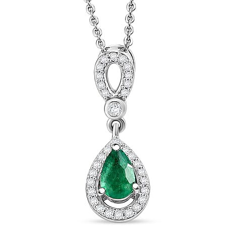 D'Joy - AAA Zambian Emerald & White Zircon Pendant with Chain (Size 20) in Rhodium Overlay Sterling Silver