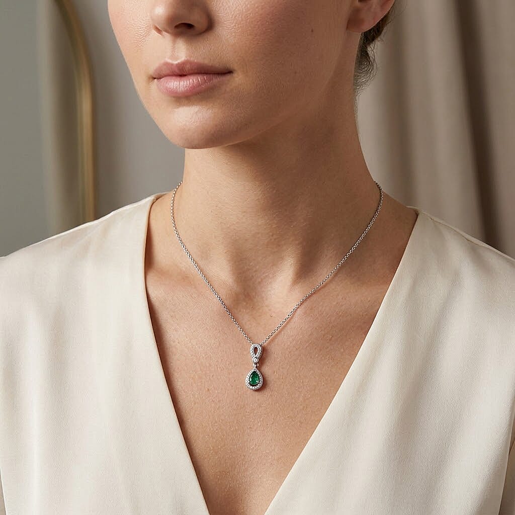 D'Joy - AAA Zambian Emerald & White Zircon Pendant with Chain (Size 20) in Rhodium Overlay Sterling Silver
