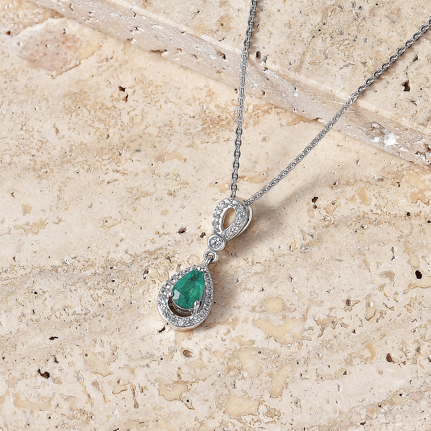 D'Joy - AAA Zambian Emerald & White Zircon Pendant with Chain (Size 20) in Rhodium Overlay Sterling Silver