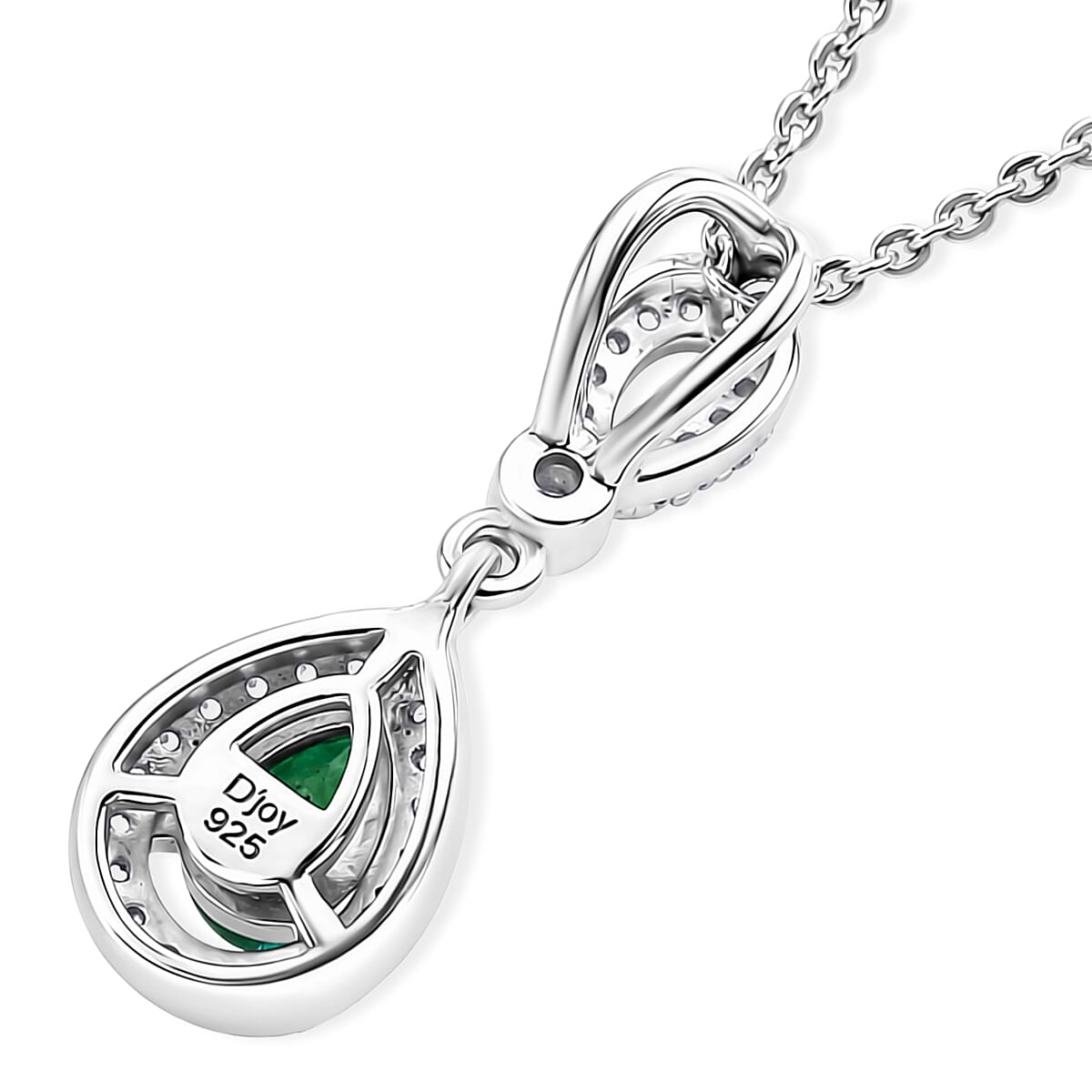 D'Joy - AAA Zambian Emerald & White Zircon Pendant with Chain (Size 20) in Rhodium Overlay Sterling Silver