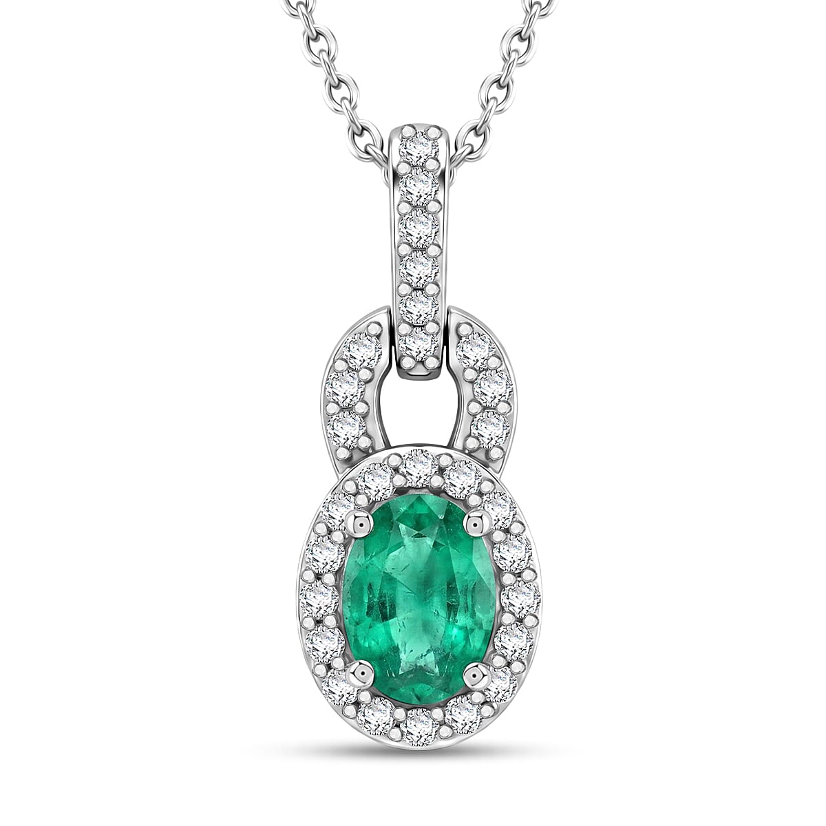 D'Joy - AAA Premium Zambian Emerald & White Zircon Halo Pendant with Chain (Size 20) in Rhodium Overlay Sterling Silver