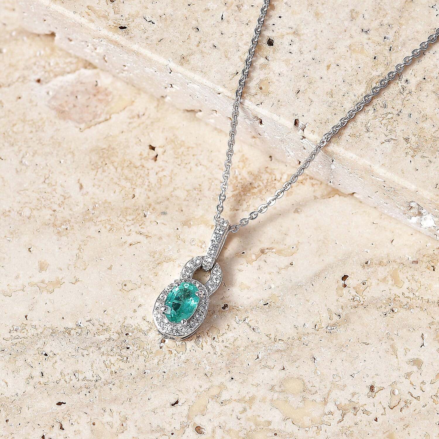 D'Joy - AAA Premium Zambian Emerald & White Zircon Halo Pendant with Chain (Size 20) in Rhodium Overlay Sterling Silver