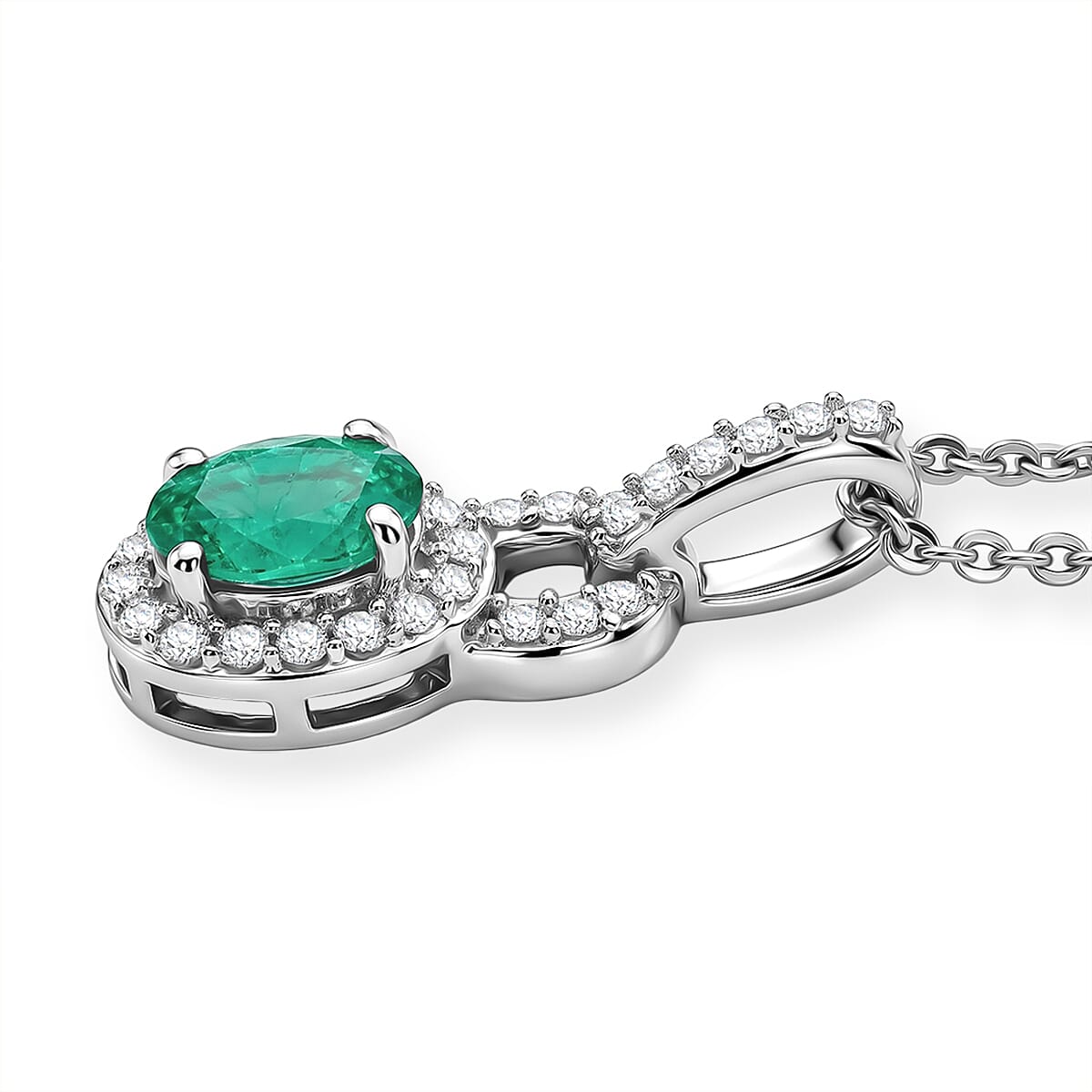 D'Joy - AAA Premium Zambian Emerald & White Zircon Halo Pendant with Chain (Size 20) in Rhodium Overlay Sterling Silver