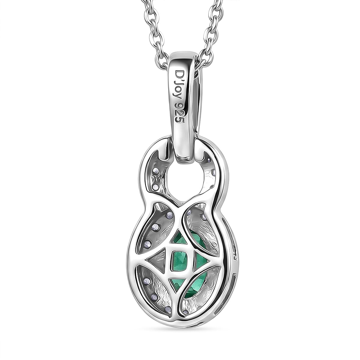 D'Joy - AAA Premium Zambian Emerald & White Zircon Halo Pendant with Chain (Size 20) in Rhodium Overlay Sterling Silver