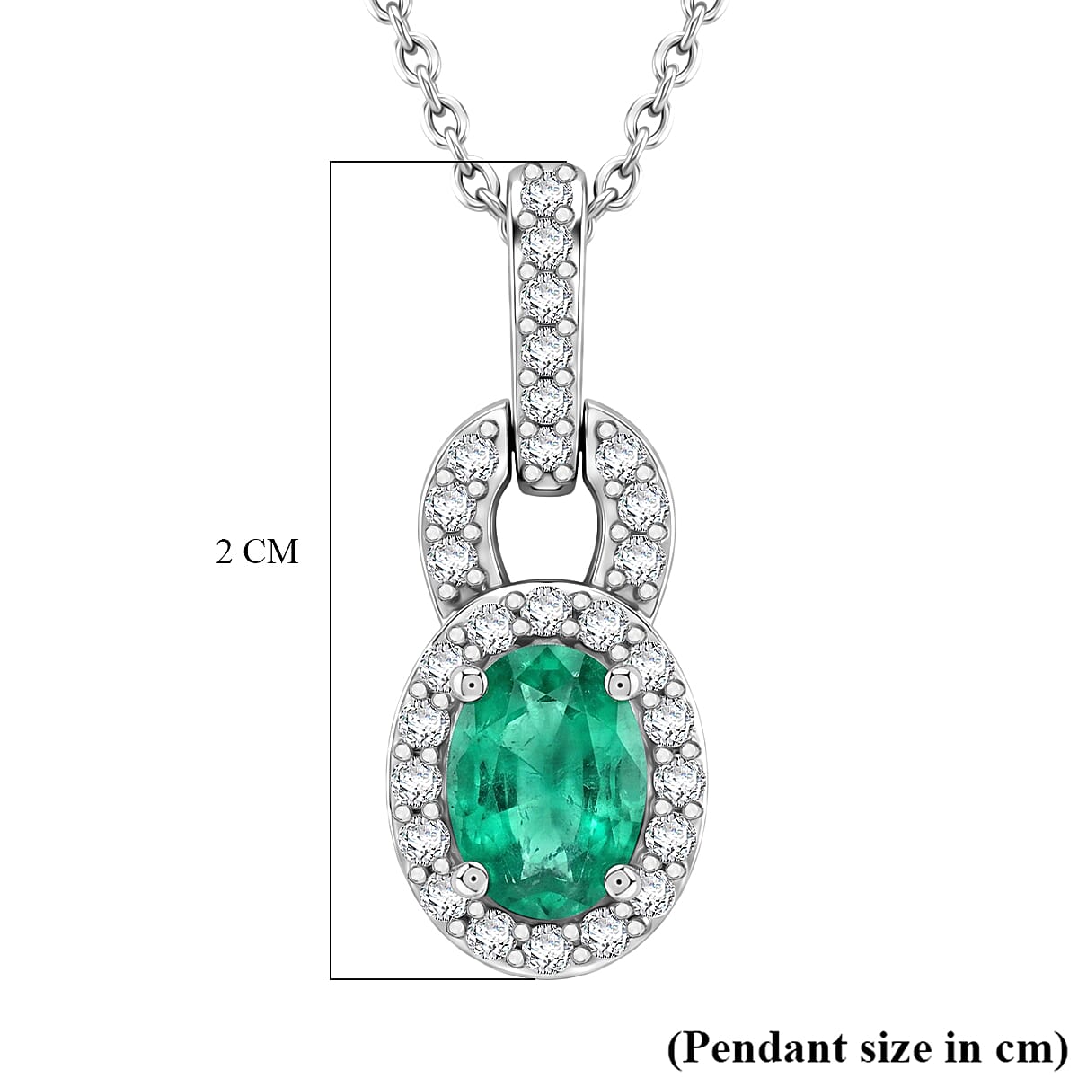 D'Joy - AAA Premium Zambian Emerald & White Zircon Halo Pendant with Chain (Size 20) in Rhodium Overlay Sterling Silver
