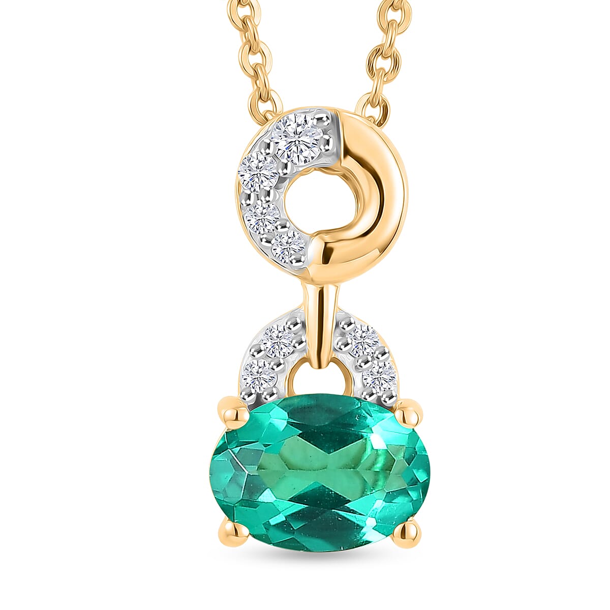 Luxuriant - AAA Lab Grown Columbian Emerald & Lab Grown Diamond (SI-G-H) Drop Pendant with Chain (Size 20) in 18K Vermeil Yellow Gold Plated Sterling Silver 0.76 Ct.