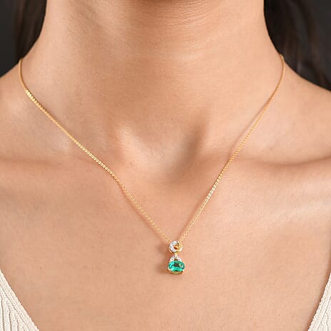 Luxuriant - AAA Lab Grown Columbian Emerald & Lab Grown Diamond (SI-G-H) Drop Pendant with Chain (Size 20) in 18K Vermeil Yellow Gold Plated Sterling Silver 0.76 Ct.