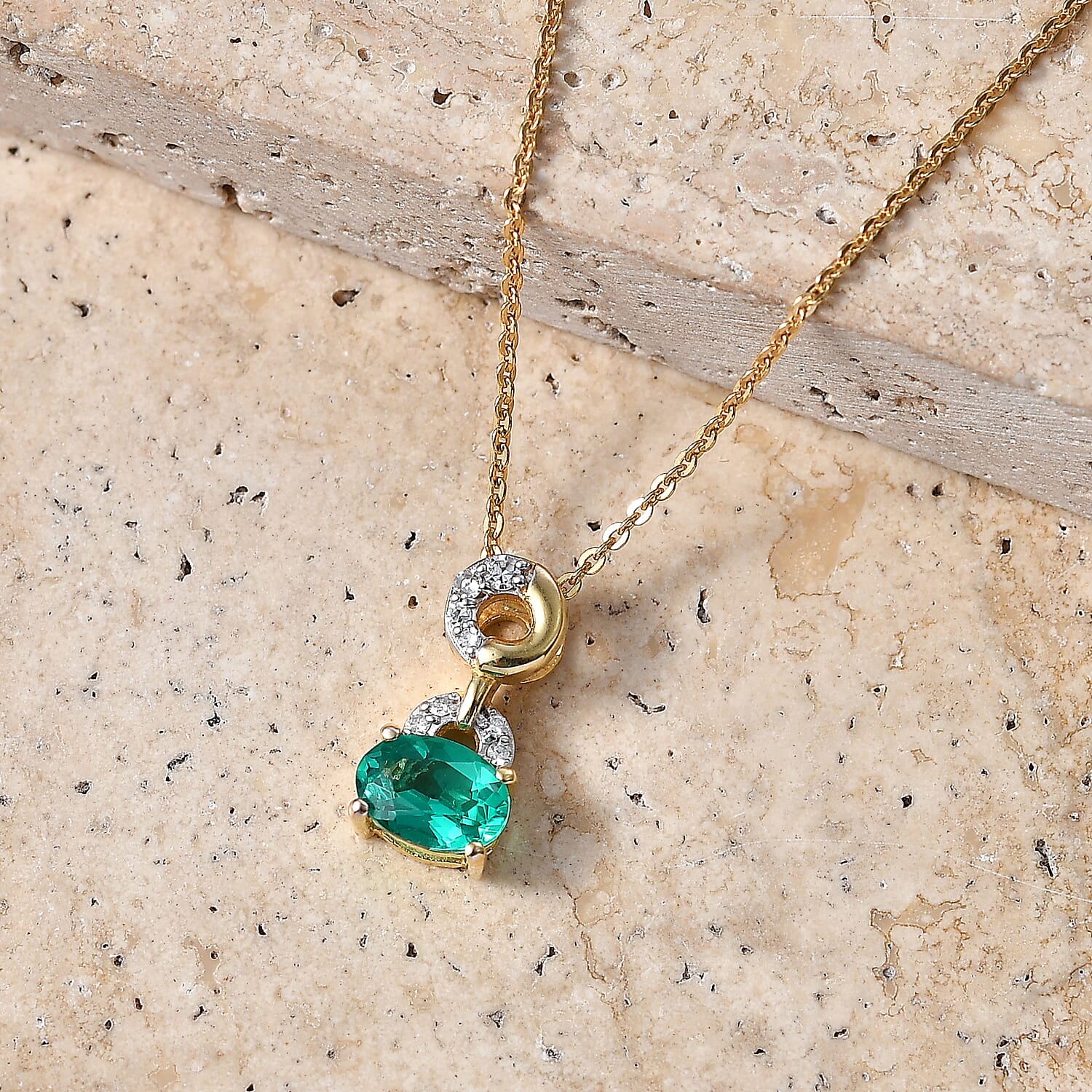 Luxuriant - AAA Lab Grown Columbian Emerald & Lab Grown Diamond (SI-G-H) Drop Pendant with Chain (Size 20) in 18K Vermeil Yellow Gold Plated Sterling Silver 0.76 Ct.