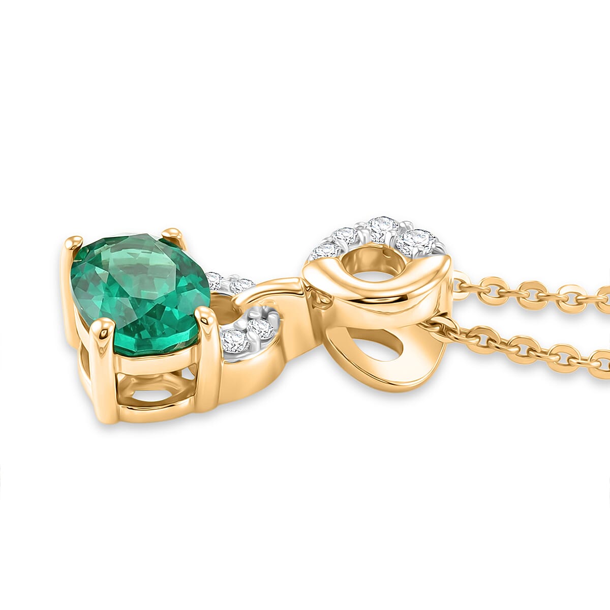 Luxuriant - AAA Lab Grown Columbian Emerald & Lab Grown Diamond (SI-G-H) Drop Pendant with Chain (Size 20) in 18K Vermeil Yellow Gold Plated Sterling Silver 0.76 Ct.