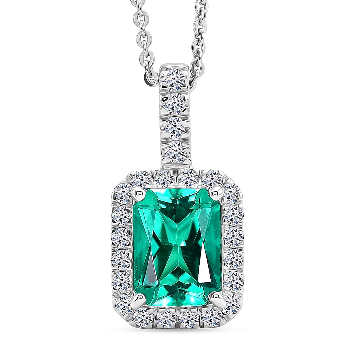 Luxuriant - AAA Lab Grown Columbian Emerald & Lab Grown Diamond (SI-G-H) Halo Pendant with Chain (Size 20) in Rhodium Overlay Sterling Silver 1.70 Ct.