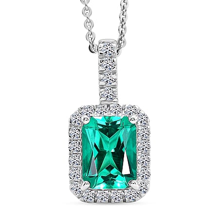 Luxuriant - AAA Lab Grown Columbian Emerald & Lab Grown Diamond (SI-G-H) Halo Pendant with Chain (Size 20) in Rhodium Overlay Sterling Silver 1.70 Ct. Luxuriant - AAA Lab Grown Columbian Emerald & Lab Grown Diamond (SI-G-H) Halo Pendant with Chain (Size 20) in Rhodium Overlay Sterling Silver 1.70 Ct.