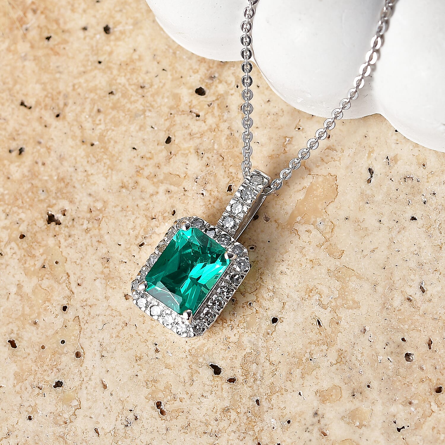 Luxuriant - AAA Lab Grown Columbian Emerald & Lab Grown Diamond (SI-G-H) Halo Pendant with Chain (Size 20) in Rhodium Overlay Sterling Silver 1.70 Ct.