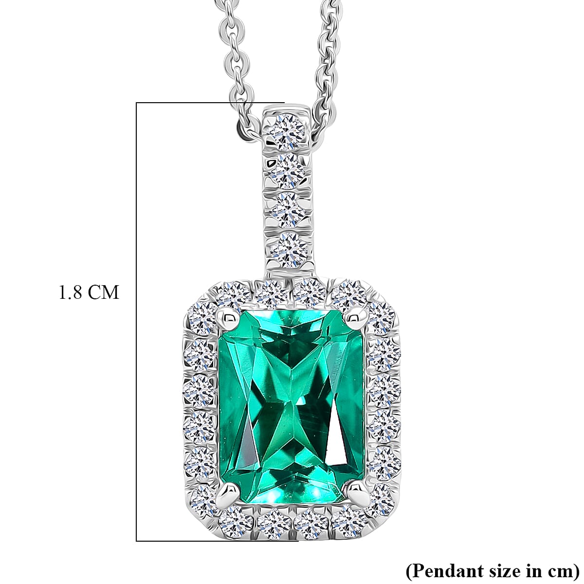 Luxuriant - AAA Lab Grown Columbian Emerald & Lab Grown Diamond (SI-G-H) Halo Pendant with Chain (Size 20) in Rhodium Overlay Sterling Silver 1.70 Ct.