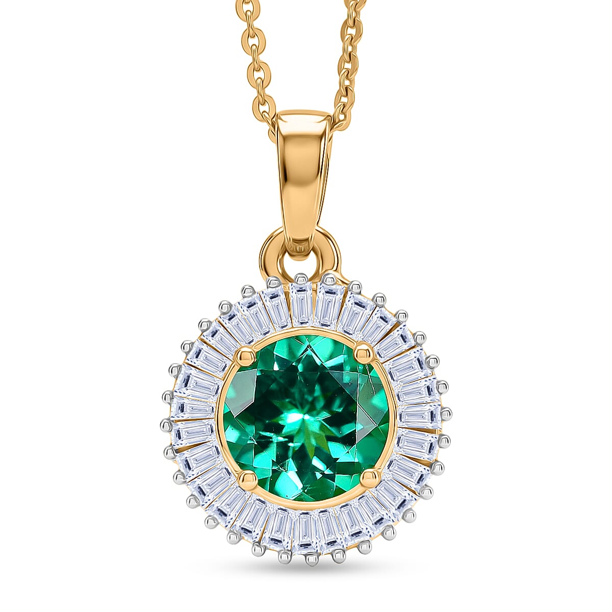 Luxuriant - AAA Lab Grown Columbian Emerald & Lab Grown Diamond (SI-G-H) Halo Pendant with Chain (Size 20) in 18K Vermeil Yellow Gold Plated Sterling Silver 1.64 Ct.