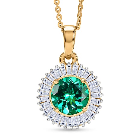Luxuriant - AAA Lab Grown Columbian Emerald & Lab Grown Diamond (SI-G-H) Halo Pendant with Chain (Size 20) in 18K Vermeil Yellow Gold Plated Sterling Silver 1.64 Ct.