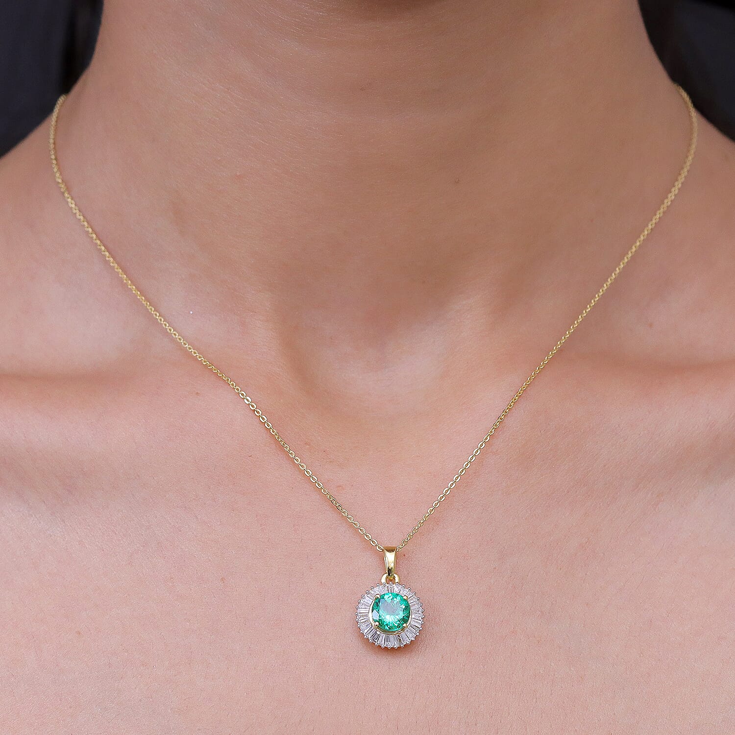 Luxuriant - AAA Lab Grown Columbian Emerald & Lab Grown Diamond (SI-G-H) Halo Pendant with Chain (Size 20) in 18K Vermeil Yellow Gold Plated Sterling Silver 1.64 Ct.